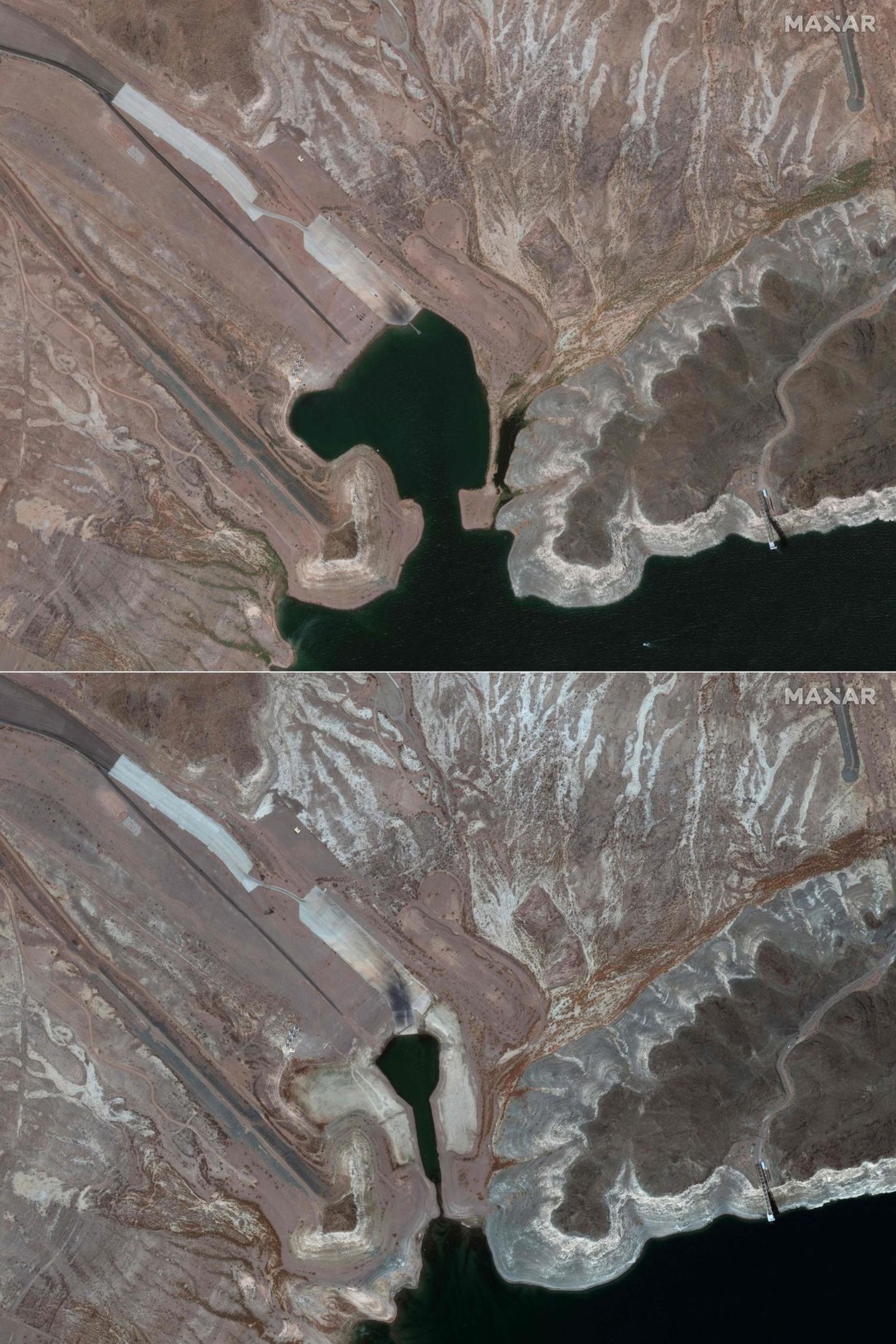 Und so sieht das Drama aus der Luft aus: Die Satellitenaufnahmen von Maxar Technologies zeigen, wie sehr sich das Wasser an der Boulder-Harbor-Bootsrampe vom 18. Mai 2020 (oben) bis zum 27 Juli 2021 (unten) zurückgezogen hat 