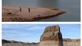 Der "Lone Rock", der "Einsame Felsen" bei Big Water in Utah: Wo am 23. Juni 2021 noch Besucher am Ufer des Lake Powell entlangwandern konnten, herrscht am 27. März 2022 völlige Trockenheit.