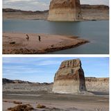 Der "Lone Rock", der "Einsame Felsen" bei Big Water in Utah: Wo am 23. Juni 2021 noch Besucher am Ufer des Lake Powell entlangwandern konnten, herrscht am 27. März 2022 völlige Trockenheit.