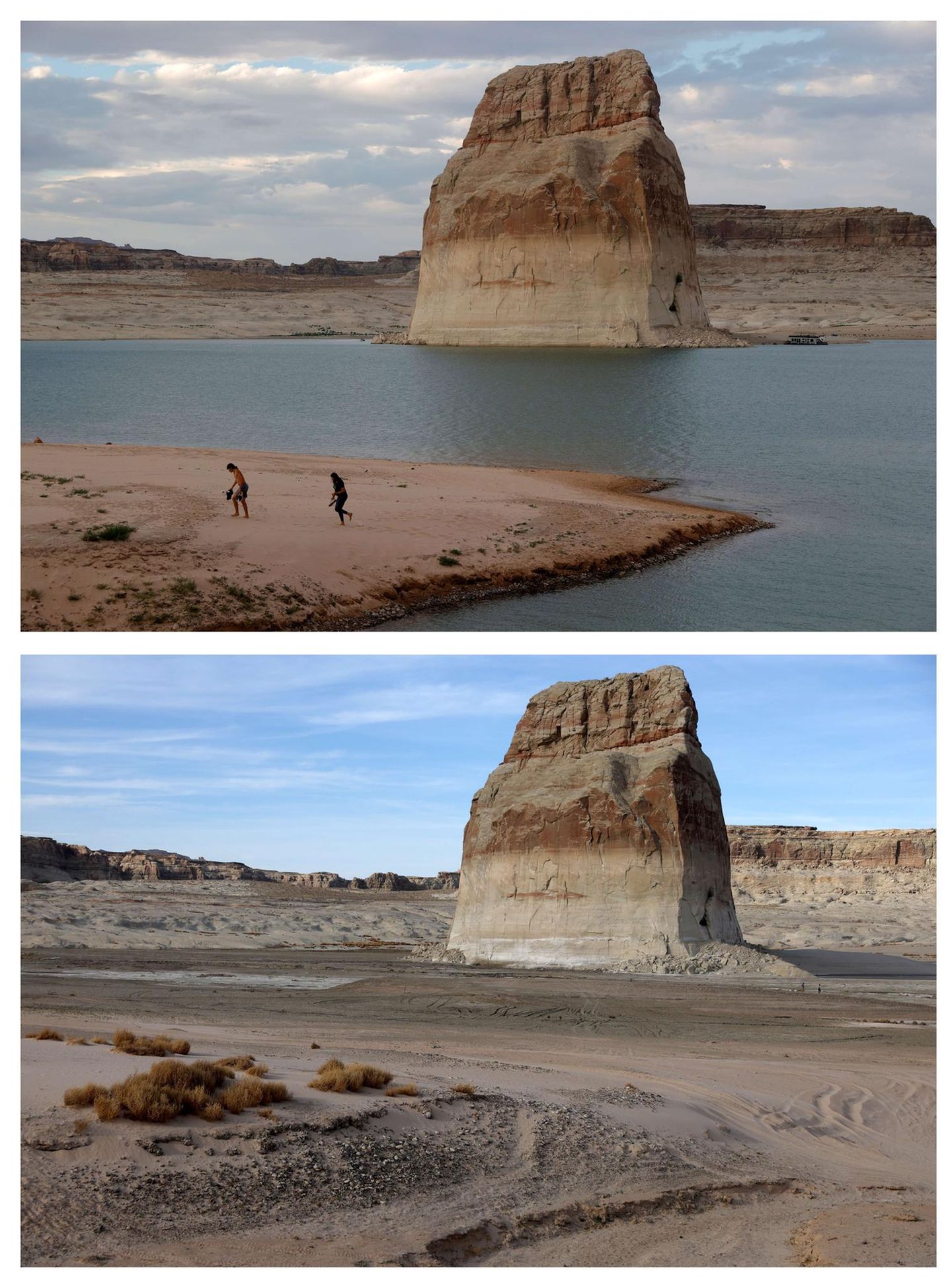 Der "Lone Rock", der "Einsame Felsen" bei Big Water in Utah: Wo am 23. Juni 2021 noch Besucher am Ufer des Lake Powell entlangwandern konnten, herrscht am 27. März 2022 völlige Trockenheit.