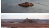Genauso wie der Lake Mead leidet auch der Lake Powell im Grenzgebiet von Utah und Arizona unter dramatischem Wassermangel: oben die Wahweap Marina am 24. Juni 2021, unten derselbe Bootshafen am 28. März 2022. 