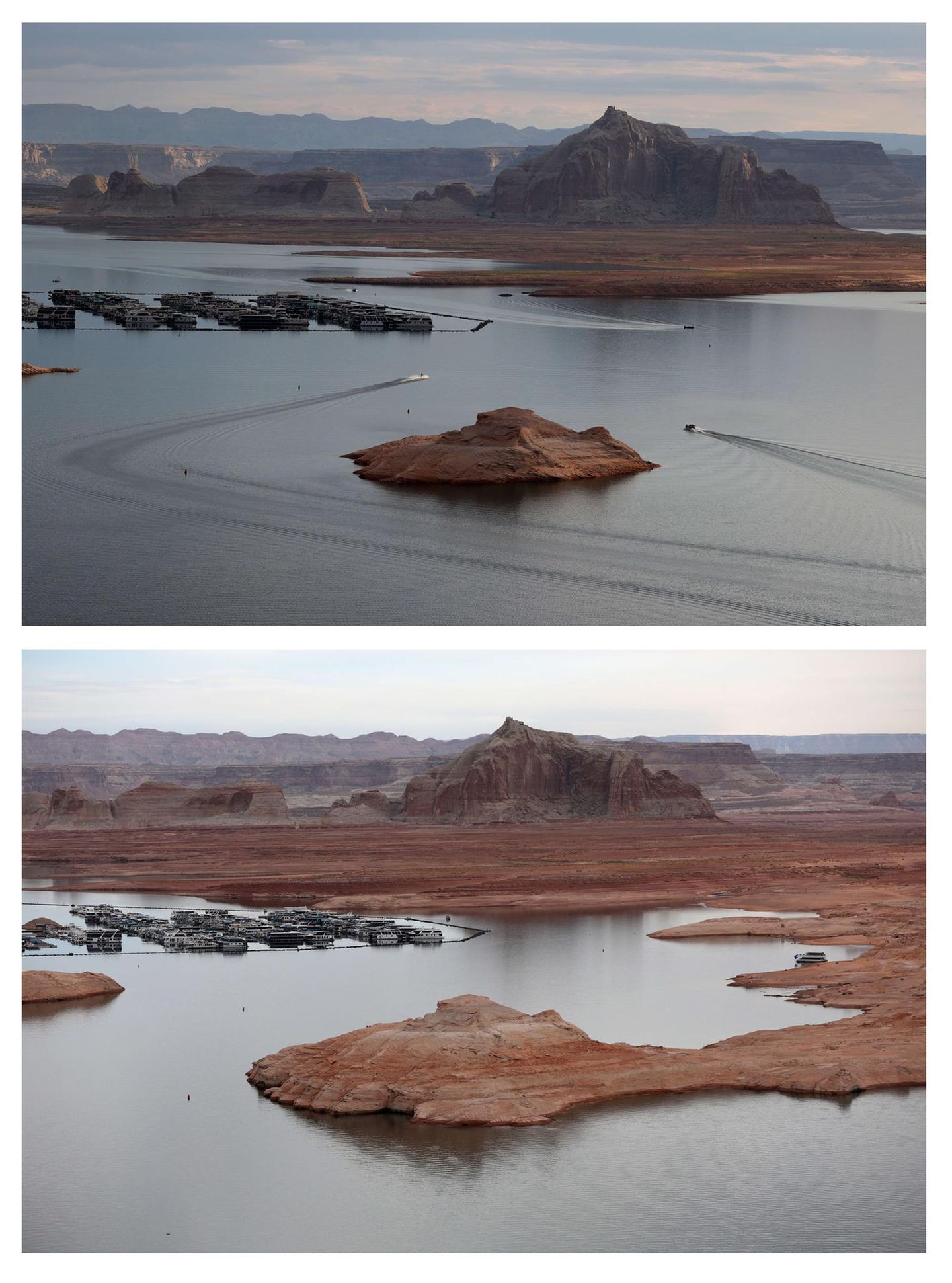 Genauso wie der Lake Mead leidet auch der Lake Powell im Grenzgebiet von Utah und Arizona unter dramatischem Wassermangel: oben die Wahweap Marina am 24. Juni 2021, unten derselbe Bootshafen am 28. März 2022. 