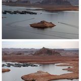 Genauso wie der Lake Mead leidet auch der Lake Powell im Grenzgebiet von Utah und Arizona unter dramatischem Wassermangel: oben die Wahweap Marina am 24. Juni 2021, unten derselbe Bootshafen am 28. März 2022. 