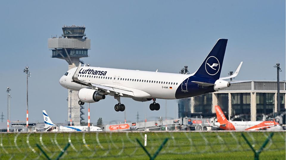 A Lufthansa plane takes off