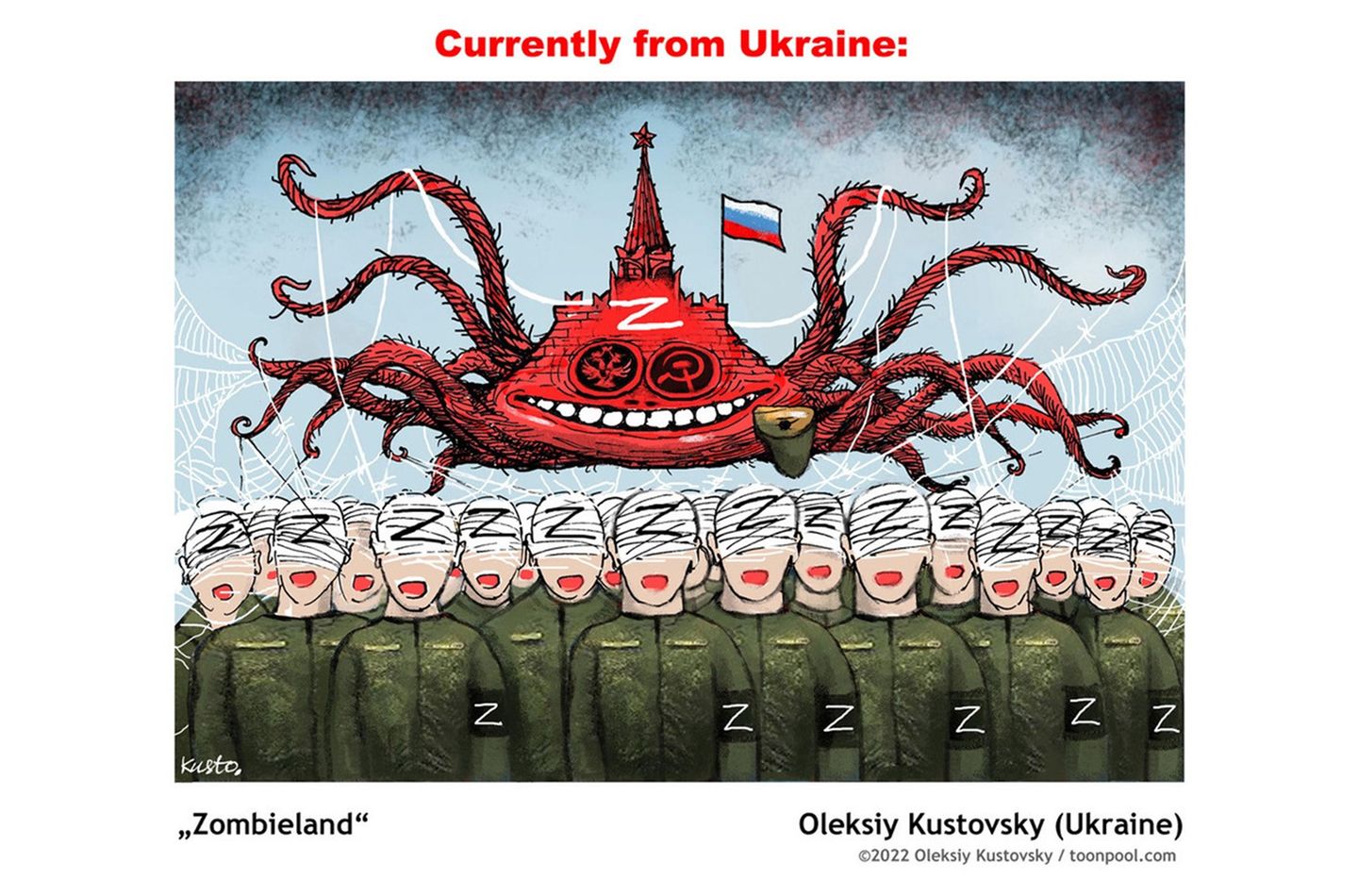 Virtuelle Cartoon-Ausstellung: Blut an Putins Schuhen: So sehen internationale Zeichner den Krieg in der Ukraine