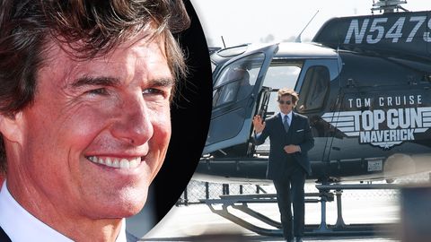 Stilechter Auftritt: Tom Cruise fliegt per Helikopter zur Premiere von "Top Gun" ein.