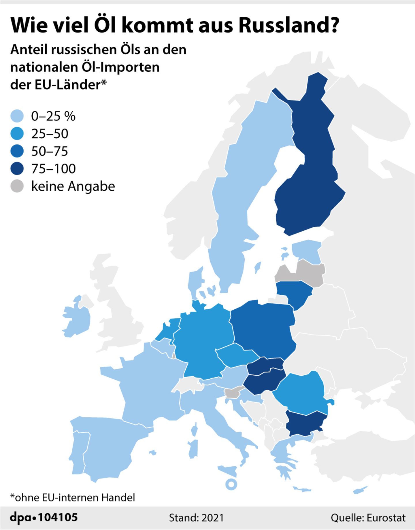 Diese Karte zeigt, wie hoch der Anteil russischen Öls an den nationalen Öl-Importen der EU-Länder ist