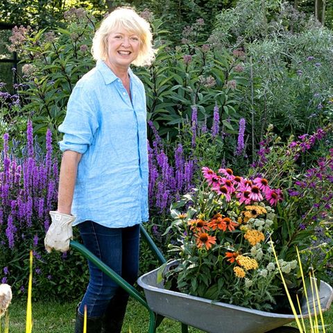 Meike Winnemuth auf der Suche nach einem guten Platz für ihre Blumen in der Schubkarre
