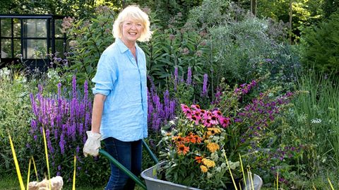 Meike Winnemuth auf der Suche nach einem guten Platz für ihre Blumen in der Schubkarre