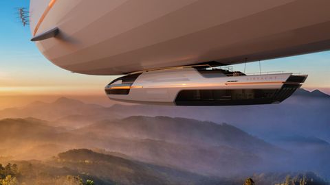 Die Airyacht hängt an ihrem Zeppelin und fliegt durch die Luft