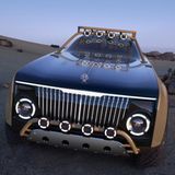 Von vorne sind der massive Grill und die glatten Flächen besonders auffällig. Wie bei Rallye-Wagen: Die großzügige Beleuchtung inklusive Scheinwerfern am Dach.