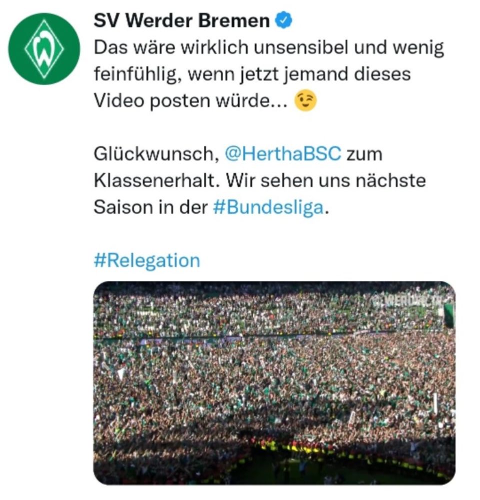 Tweet von Werder Bremen nach der Relegations-Niederlage des HSV Tweet von Werder Bremen nach der Relegations-Niederlage des HSV