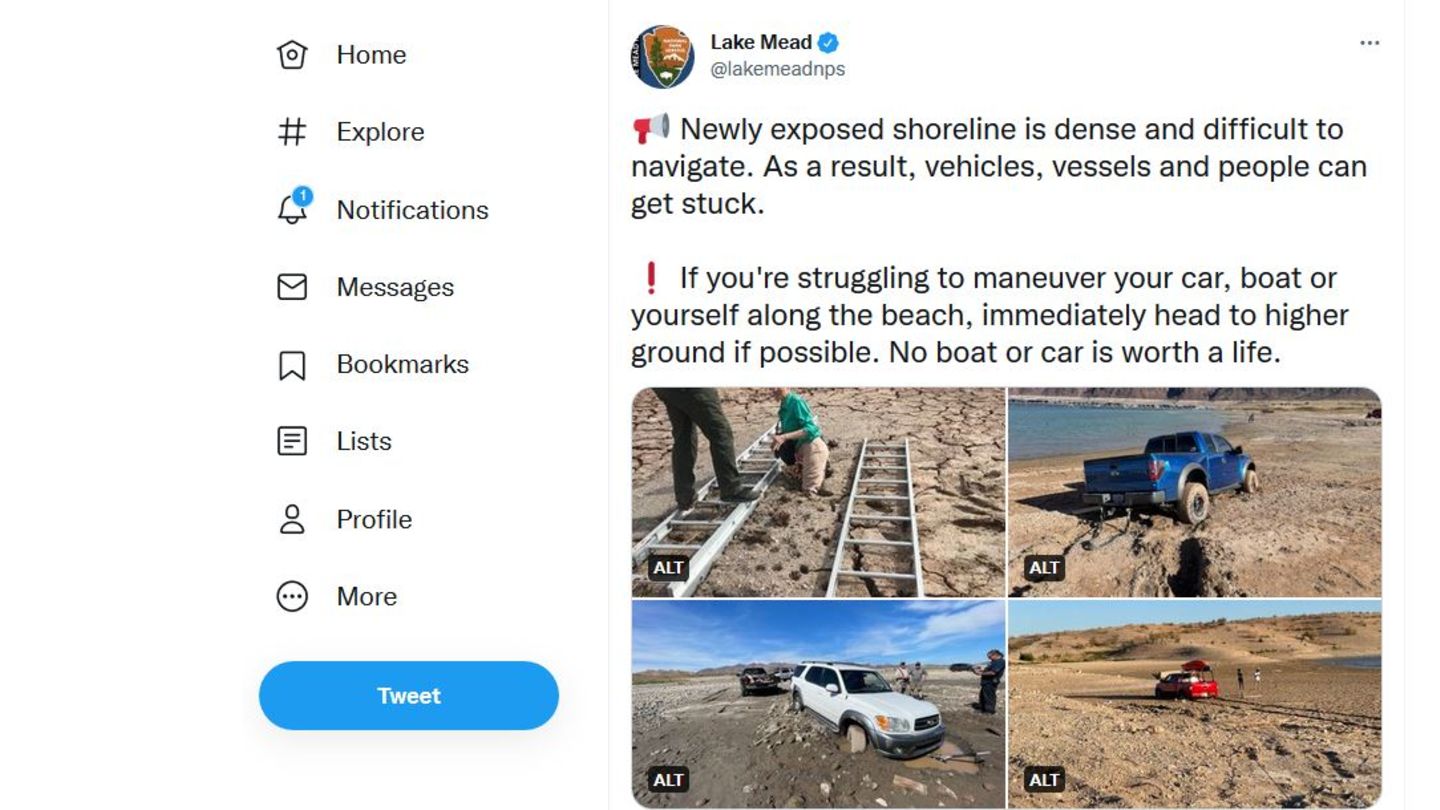 Die Nationalparkverwaltung warnte jüngst auf Twitter Autofahrer vor dem Befahren der Uferbereiche des Sees. Dort sei der Matsch wie Treibsand. Fahrzeuge können leicht stecken bleiben, wie diese Fotos zeigen.