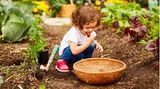 Gartenarbeit Juni: Kleines Mädchen nascht im Garten Erdbeeren