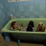 Zlata-Maria sitzt mit ihrem Hund Letti während eines Luftalarms in Lwiw in einer Badewanne