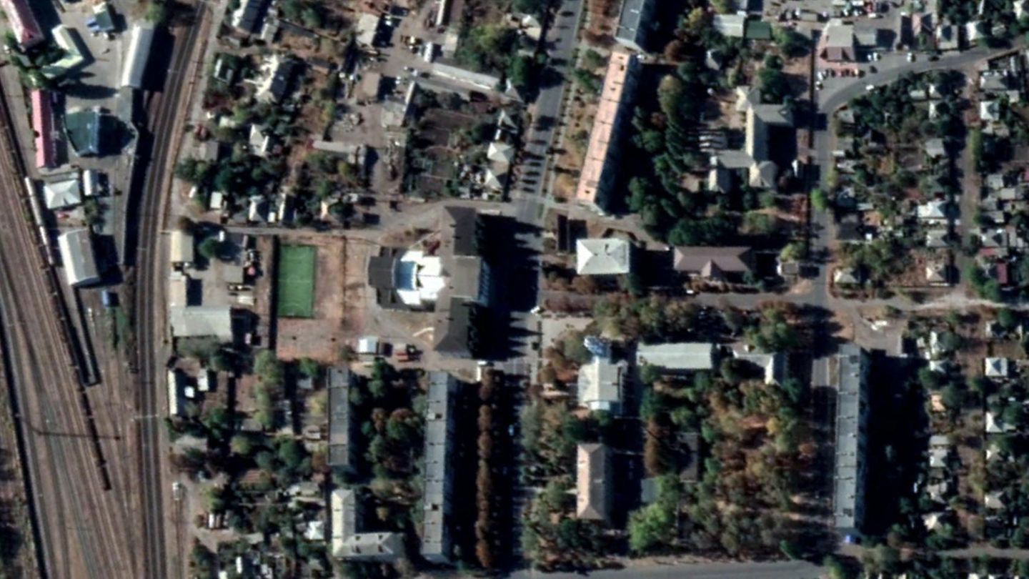 Popasna, Region Luhansk Ukraine-Krieg: Luftaufnahme von Popasna