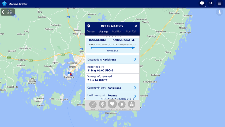 Die Daten der "MS Ocean Majesty" in der App "Marine Traffic" mit der aktuellen Postion im Hafen von Karlskrona.