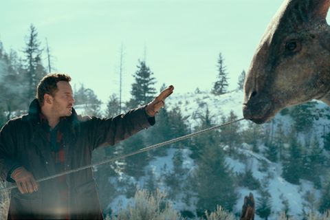 Der Schauspieler Chris Pratt steht vor einem Dinosaurier und hebt beruhigend die Hand