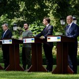 Pressekonferenz: Iohannis, Draghi, Selenskyj, Macron und Scholz (v.l.n.r.) nach dem Arbeitsessen in Kiew, Ukraine