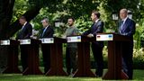 Pressekonferenz: Iohannis, Draghi, Selenskyj, Macron und Scholz (v.l.n.r.) nach dem Arbeitsessen in Kiew, Ukraine