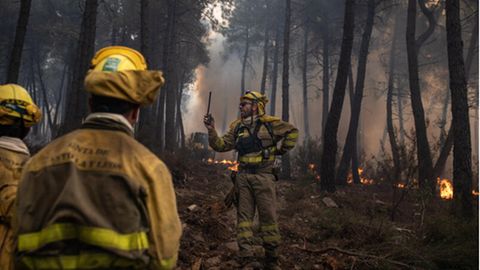 Feuerwehrleute sind während eines Brandes in der spanischen Sierra Culebra im Einsatz