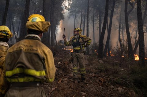 Feuerwehrleute sind während eines Brandes in der spanischen Sierra Culebra im Einsatz