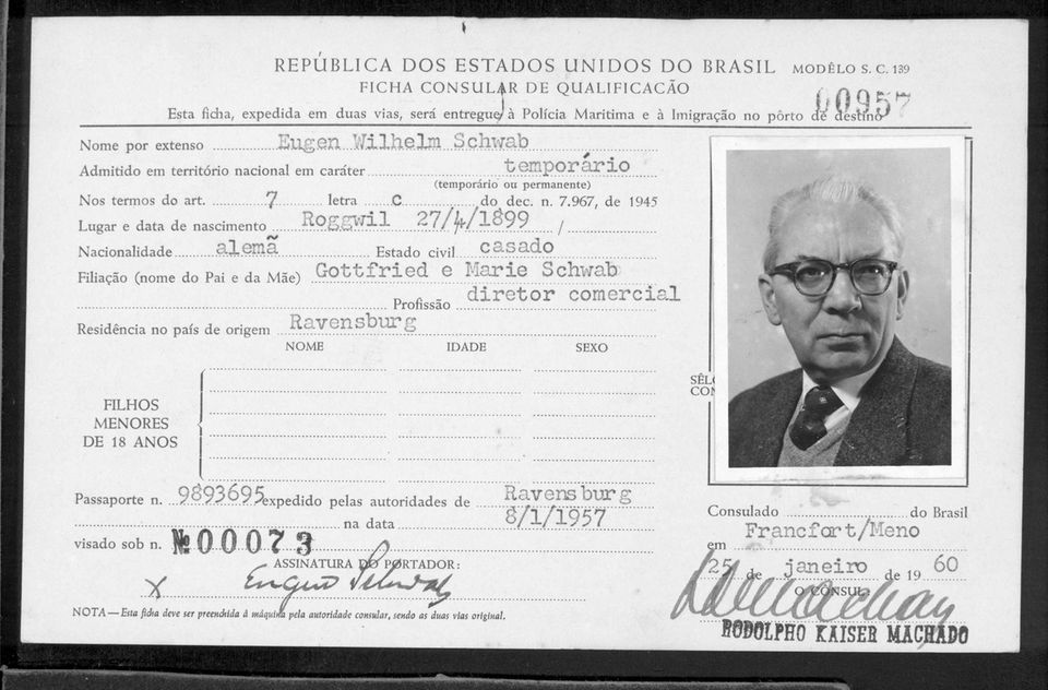 Ein temporäres Visum für Brasilien zeigt Eugen Schwab Ein temporäres Visum für Brasilien zeigt Eugen Schwab