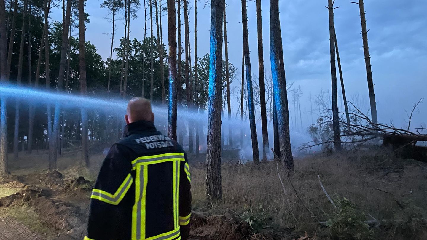 Ein Feuerwehrmann steht bei Löscharbeiten auf einem Weg