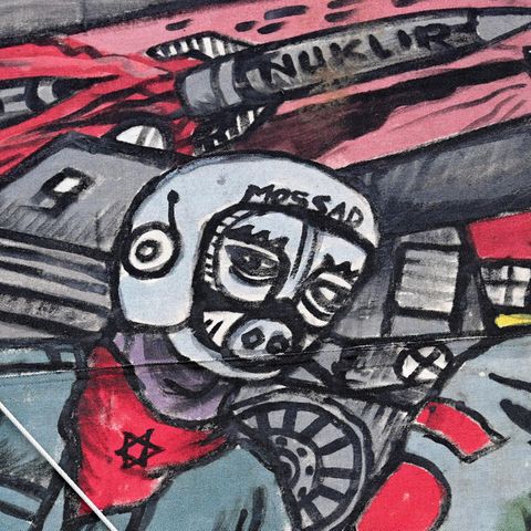 Der Ausschnitt des umstrittenen Großgemäldes auf der documenta zeigt einen Soldaten mit Schweinsgesicht