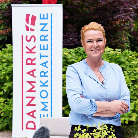 Inger Støjberg vor einem Banner der Dänemarkdemokraten