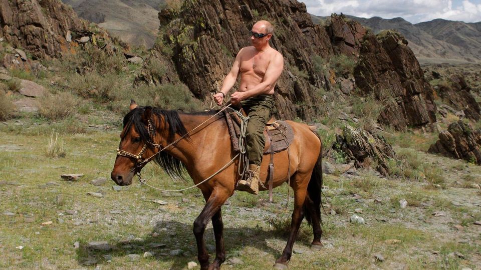 Russlands präsident Wladimir Putin reitet mit nacktem Oberkörper