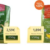 Auch der Grüne Tee der Marke Westminster ist bei Aldi Nord nur scheinbar günstiger geworden. Denn der niedrigere Preis geht mit deutlich weniger Inhalt einher, unterm Strich kostet das Gramm Tee über ein Fünftel mehr. Laut Aldi Nord handelt es sich bei der Schrumpfpackung um einen mehrwöchigen Test "in sechs ausgewählten Regionen". Die größere Packung soll bald wieder überall verfügbar sein. Mal sehen, zu welchem Preis...