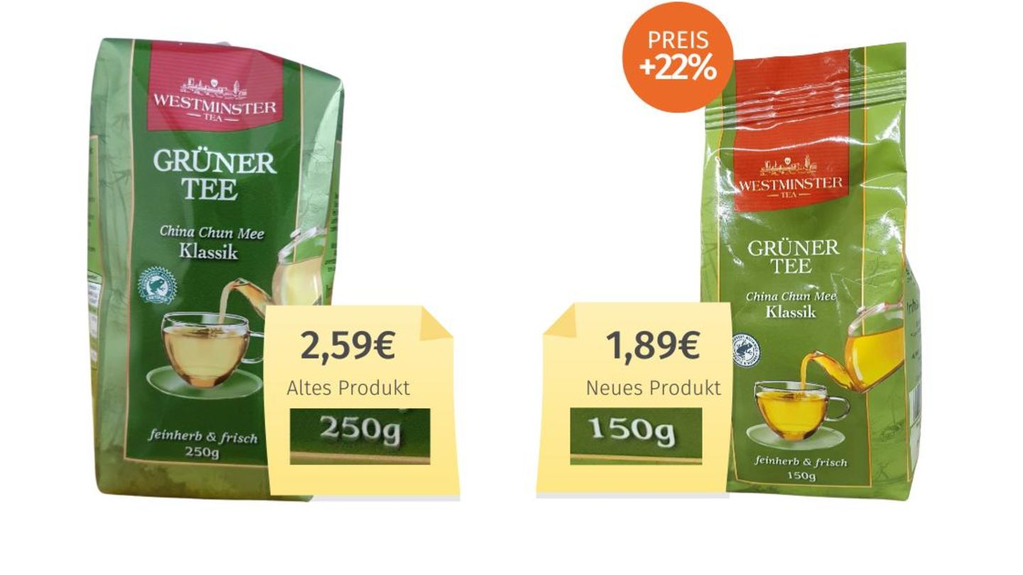 Lammfleisch, Pizza, Klopapier: Auch der Grüne Tee der Marke Westminster ist bei Aldi Nord nur scheinbar günstiger geworden. Denn der niedrigere Preis geht mit deutlich weniger Inhalt einher, unterm Strich kostet das Gramm Tee über ein Fünftel mehr. Laut Aldi Nord handelt es sich bei der Schrumpfpackung um einen mehrwöchigen Test "in sechs ausgewählten Regionen". Die größere Packung soll bald wieder überall verfügbar sein. Mal sehen, zu welchem Preis... Auch der Grüne Tee der Marke Westminster ist bei Aldi Nord nur scheinbar günstiger geworden. Denn der niedrigere Preis geht mit deutlich weniger Inhalt einher, unterm Strich kostet das Gramm Tee über ein Fünftel mehr. Laut Aldi Nord handelt es sich bei der Schrumpfpackung um einen mehrwöchigen Test "in sechs ausgewählten Regionen". Die größere Packung soll bald wieder überall verfügbar sein. Mal sehen, zu welchem Preis...