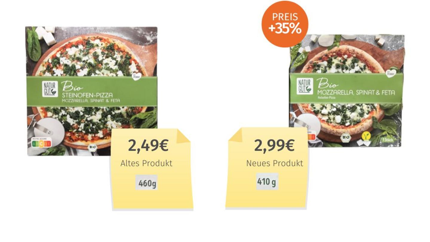 Lammfleisch, Pizza, Klopapier: Diese Tiefkühlpizza von Penny kostet auf den ersten Blick immer noch zwei Euro nochwas und hat irgendwas mit 400 Gramm. Der zweite Blick zeigt: Sie ist sowohl kleiner als auch teurer geworden. Penny nennt als Grund für die doppelte Teuerung einen Lieferantenwechsel sowie höhere Rohstoffpreise. Diese Tiefkühlpizza von Penny kostet auf den ersten Blick immer noch zwei Euro nochwas und hat irgendwas mit 400 Gramm. Der zweite Blick zeigt: Sie ist sowohl kleiner als auch teurer geworden. Penny nennt als Grund für die doppelte Teuerung einen Lieferantenwechsel sowie höhere Rohstoffpreise.