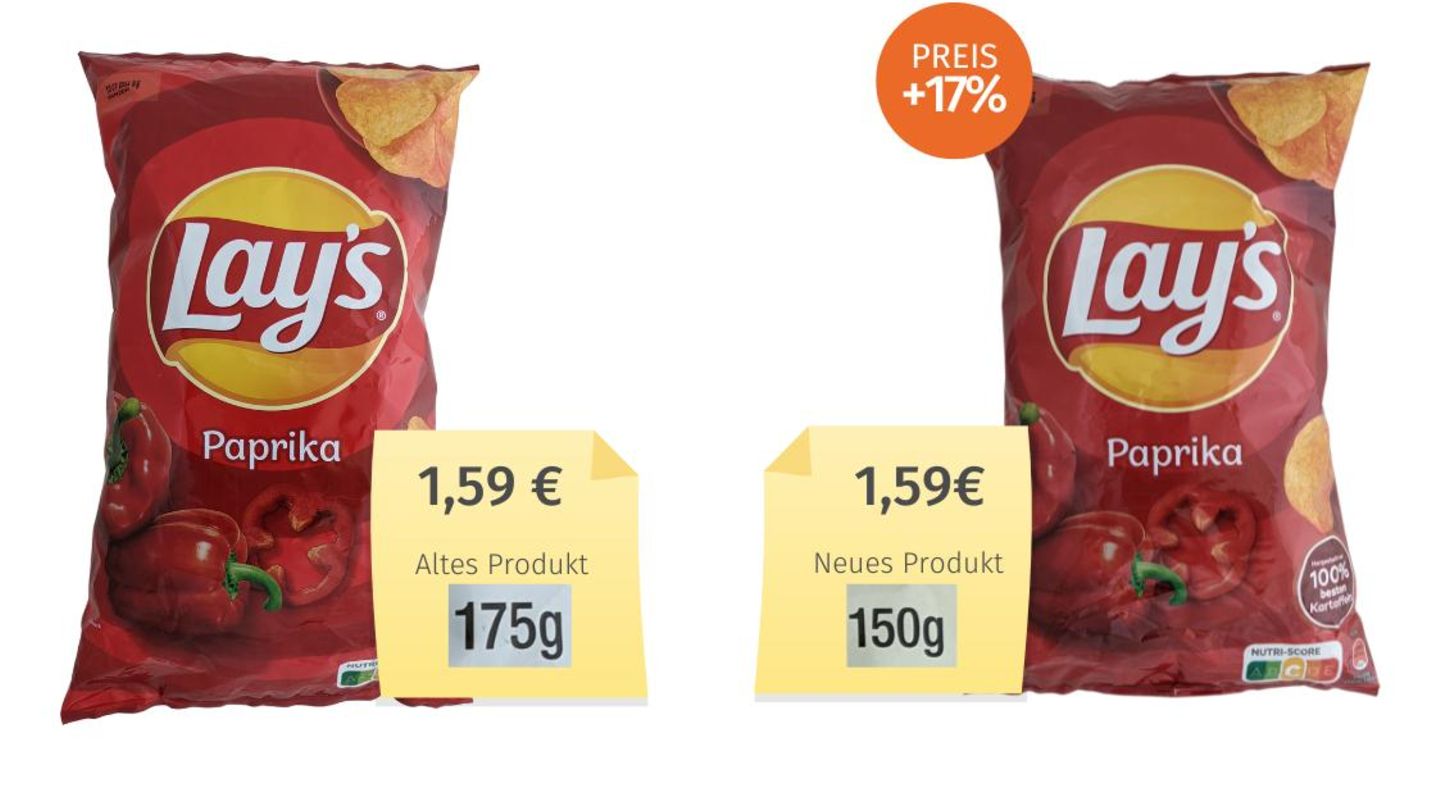 Lammfleisch, Pizza, Klopapier: Neben den Eigenmarken sind auch einige Markenprodukte in den letzten Wochen geschrumpft. So steckt etwa in der Lay's-Chips-Tüte weniger Inhalt, während der Preis gleich und die Packung kaum merkliche 1 cm kürzer ist. Hersteller PepsiCo erklärt, man habe "die finanzielle Belastung für unsere Konsument*innen möglichst gering halten" wollen. Neben den Eigenmarken sind auch einige Markenprodukte in den letzten Wochen geschrumpft. So steckt etwa in der Lay's-Chips-Tüte weniger Inhalt, während der Preis gleich und die Packung kaum merkliche 1 cm kürzer ist. Hersteller PepsiCo erklärt, man habe "die finanzielle Belastung für unsere Konsument*innen möglichst gering halten" wollen.