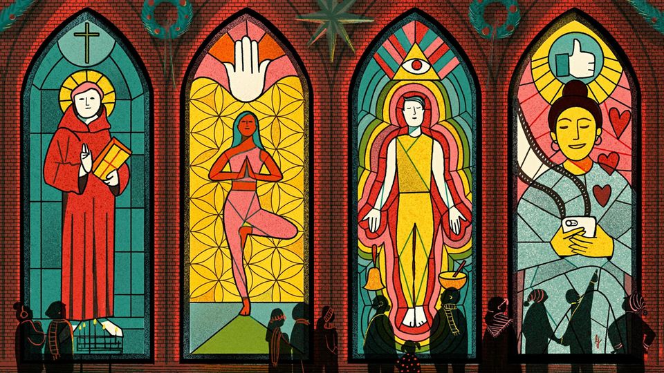 Illustration großer bunter Kirchenfenster, die von Menschen betrachtet werden