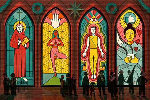 Illustration großer bunter Kirchenfenster, die von Menschen betrachtet werden