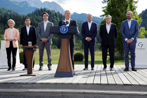Teilnehmer des G7-Gipfels auf Schloss Elmau, nahe Garmisch-Partenkirchen