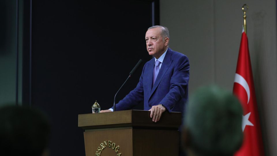 Der türkische Präsident Recep Tayyip Erdogan bei einer Rede vor seiner Abreise zum NATO-Gipfel in Madrid am 28. Juni in Ankara.