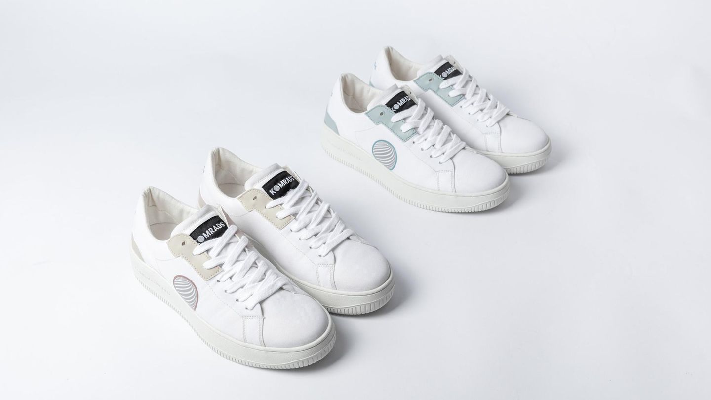 White sneakers stand on a white background