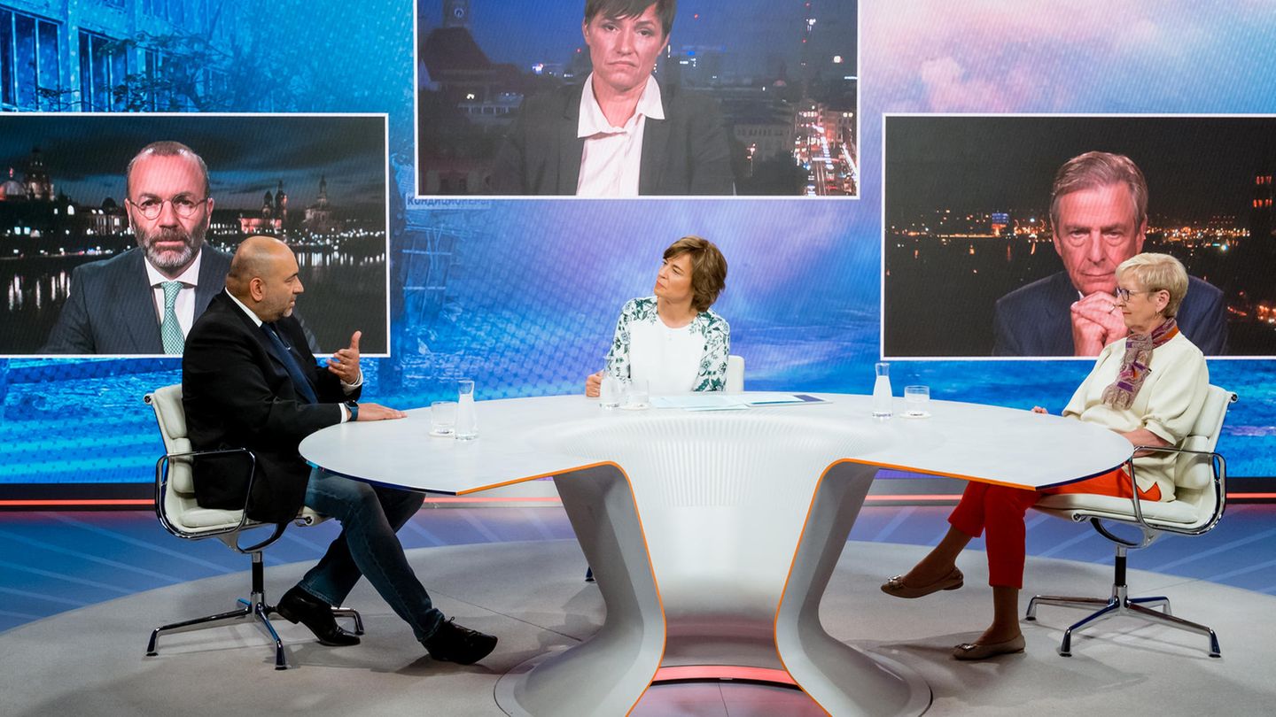 Maybrit Illner (m.) mit ihren Gästen: Omid Noripour (l.) und die ehemalige Nato-Chefstrategin Stefanie Babst