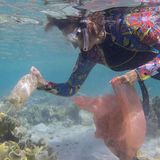 Schnorchler sammelt Plastikmüll ein