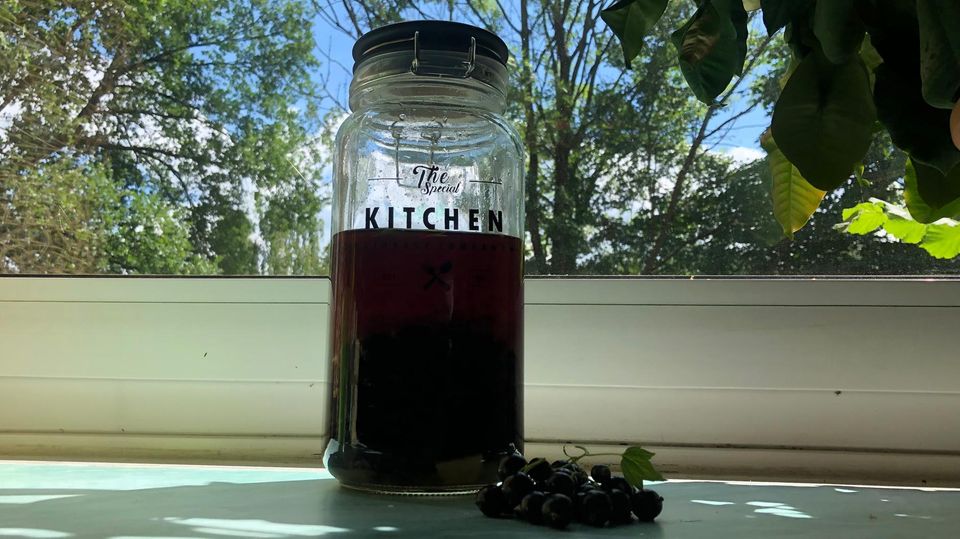 Raffiniertes Rezept: Ansatz mit Johannisbeeren und Doppelkorn steht in einem Einmachglas auf der Fensterbank