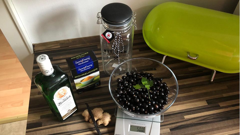 Cassis Likör selber machen: Zutaten für den Likör stehen auf einem Küchentisch