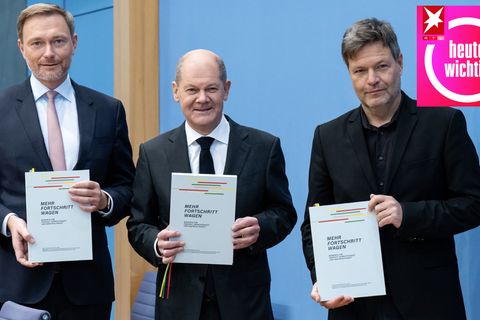 Die Männer der Ampel: Christian Lindner (FDP, l.), Bundeskanzler Olaf Scholz (SPD) und Robert Habeck (Grüne) 