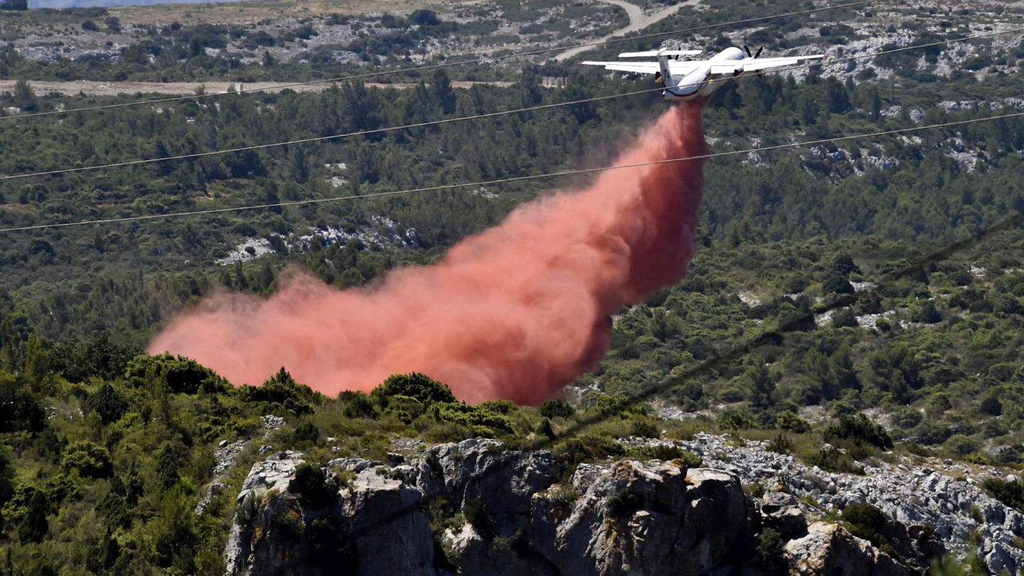 Ein Löschflugzeug ist Ende Juni in den französischen Pyrenäen im Einsatz, wo ein Feuer mehr als 1000 Hektar Wald vernichtet hat