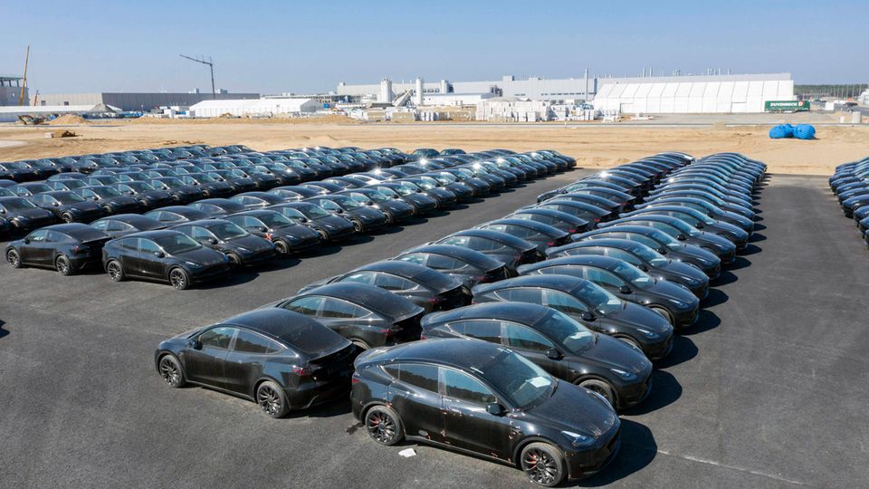 Tesla Y Modelle stehen auf einem Gelände der neuen Gigafactory in Grünheide