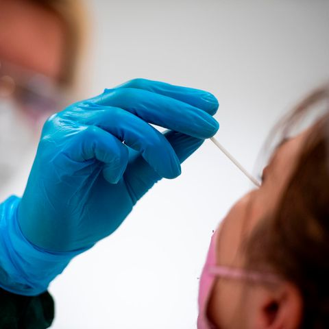 Eine Frau mit blauem Gummihandschuh steckt einer anderen ein langes Wattestäbchen in die Nase