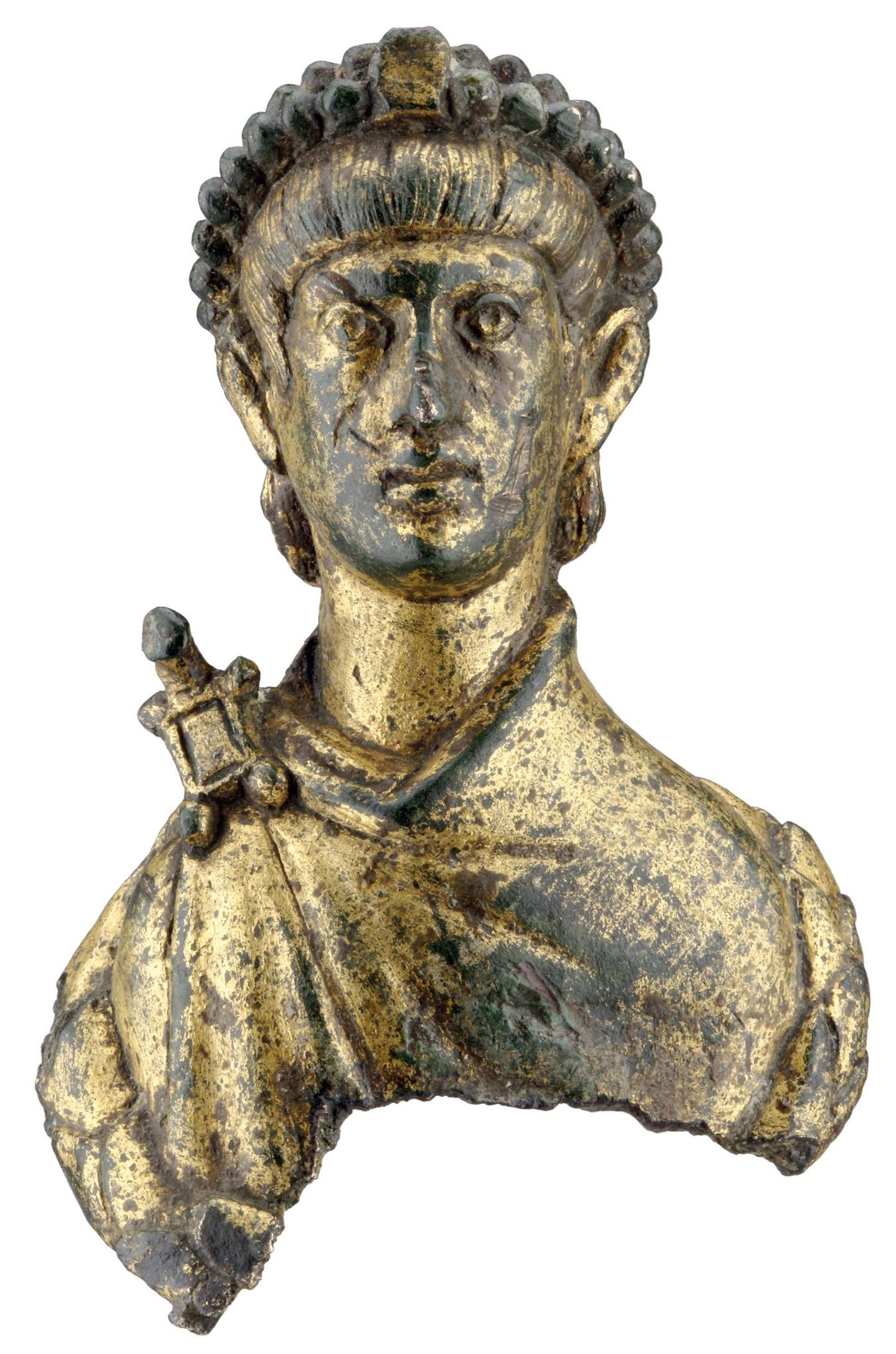 Vergoldete Bronzebüste aus der theodosianischen Zeit (379-455). Sie stellt vermutlich den Kaiser Valentinian II. dar. Vergoldete Bronzebüste aus der theodosianischen Zeit (379-455). Sie stellt vermutlich den Kaiser Valentinian II. dar.