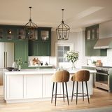 Diese Küche von Häcker kombiniert due grüne Trendfarbe mit weiß. Ungewöhnlich sind die bis an die Decke reichenden Oberschränke. 